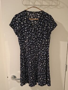 Uniqlo Navy & Yellow Ditsy Floral Button-up Tea Dress/Mini Dress (Size S)